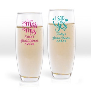 Bridal Shower Favors 24 pieces Personalized Stemless Champagne Glass Party Favors, Miss to Mrs She Said Yes Stemless Champagne Favors MAE69