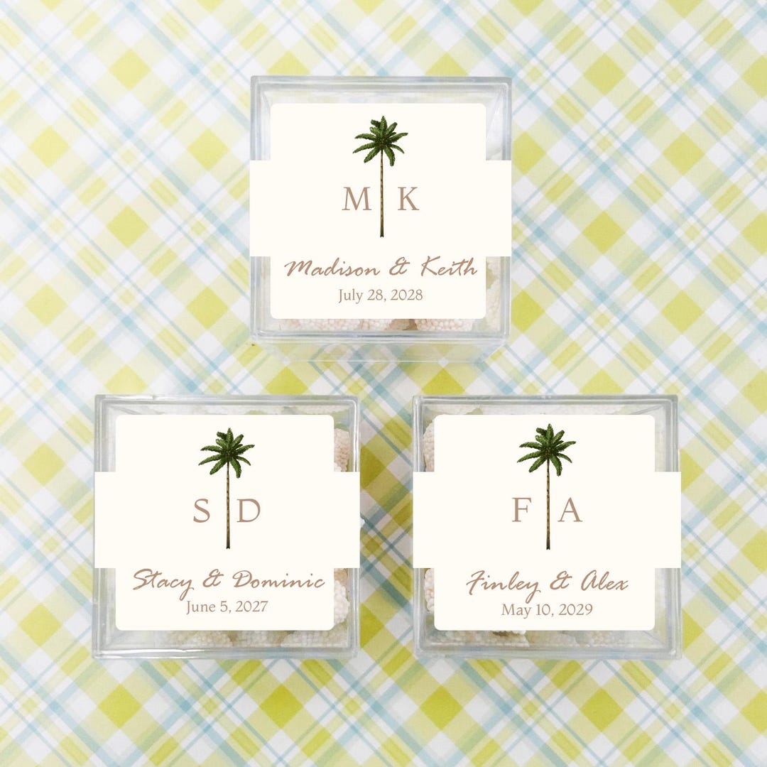 Beach Wedding Favors, Set of 10, Palm Tree Monogram Personalized Square ...