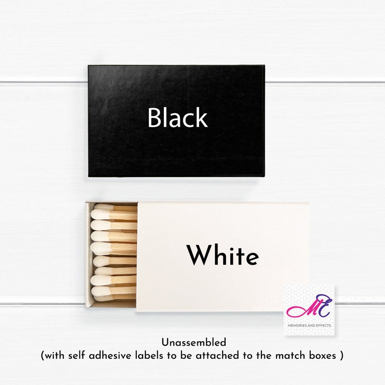 May include: A black matchbox with the word "Black" printed in white is displayed above a white matchbox with the word "White" printed in black. The white matchbox contains wooden matches with white tips. The text "Unassembled" is below the white matchbox.