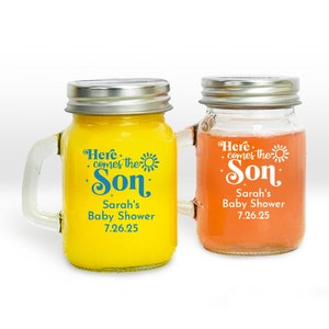 Set of 24 Here Comes the Son Personalized Mini Mason Glass Jar (3.05oz), Affordable Baby Shower Party Favors MAE128