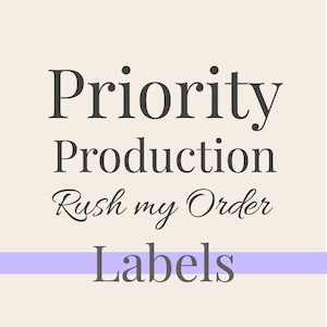 May include: Cream-colored background with the words "Priority Production Rush my Order Labels" in dark gray and a light purple horizontal bar. The text is in a mix of fonts.