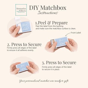 May include: DIY matchbox instructions with step-by-step guidance. The steps include peeling and preparing the label, pressing to secure it, and ensuring the edges adhere evenly. The matchbox has a light blue label that says "Your Label".