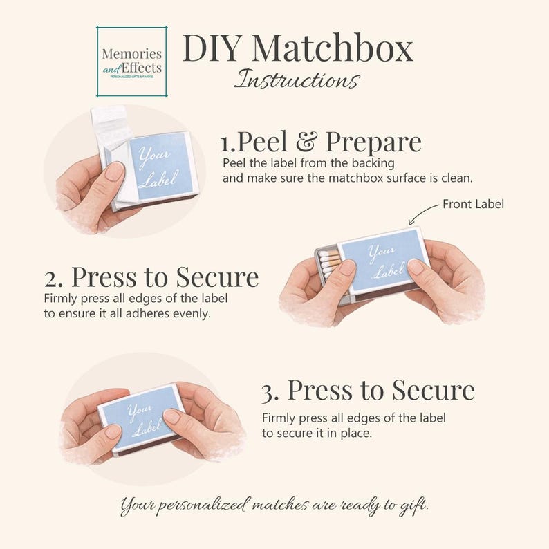 May include: DIY matchbox instructions with step-by-step guidance. The steps include peeling and preparing the label, pressing to secure it, and ensuring the edges adhere evenly. The matchbox has a light blue label that says "Your Label".