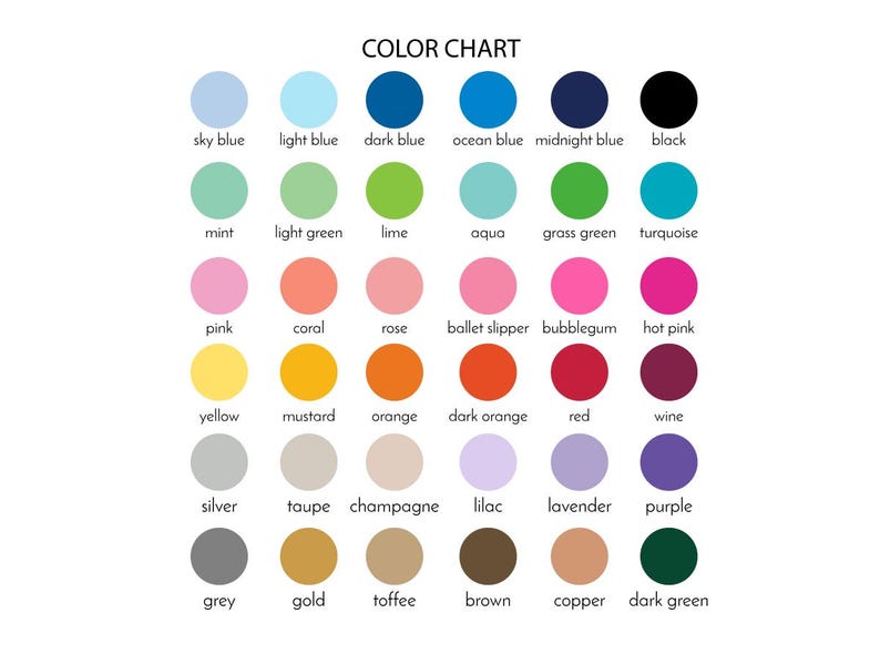 K&ouml;nnte beinhalten: Farbkarte mit 24 verschiedenen Farben, darunter Himmelblau, Hellblau, Dunkelblau, Ozeanblau, Mitternachtsblau, Schwarz, Minze, Hellgr&uuml;n, Limette, Aqua, Grasgr&uuml;n, T&uuml;rkis, Rosa, Koralle, Rose, Ballettschuh, Kaugummi, Pink, Gelb, Senf, Orange, Dunkelorange, Rot, Wein, Silber, Taupe, Champagner, Lila, Lavendel, Violett, Grau, Gold, Toffee, Braun, Kupfer und Dunkelgr&uuml;n.