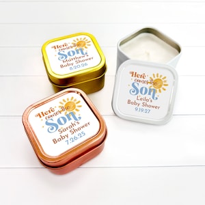 Baby Shower Favors Set of 12, Here Comes the Son Personalized Square Candle Tins Candle Favors MAE128C Baby Shower Party Candle Favors