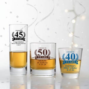 Personalized Anniversary Shot Glasses, Cheers to Years, Party Favors, Set of 24