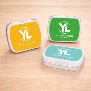 May include: Three rectangular metal tins with rounded corners, featuring a white YL logo and the text YOUR LOGO. One tin is yellow, one is green, and one is light blue. Each lid has a white border and a clean, smooth finish for storage.
