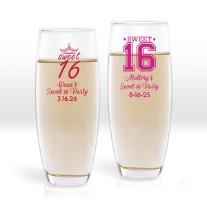 Sweet 16 Bulk Favors 24 pieces Personalized Stemless Champagne Glass Favors, Stemless Champagne Sweet Sixteen Party Favors, MAE66