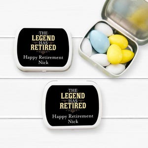 Retirement Favors, Set of 12, The Legend Has Retired Personalized Empty Mint Tin Favors, Candy Tins Party Favors MAE208