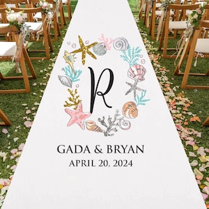 Custom Personalized Seashells Beach Theme Wedding Aisle Runner MAE30-Z7, Personalized Beach Plain White Wedding Aisle Runner