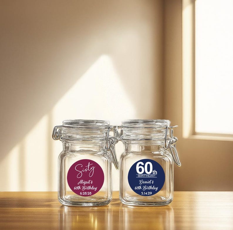 Personalized 60th Birthday Favor Jars: 12 Mini Square Glass Treat ...
