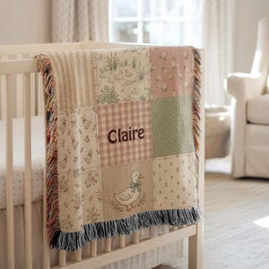 Personalized Patchwork Goose Baby Blanket with Name, Vintage Floral Nursery Decor, Custom Woven Baby Girl Blanket, Baby Shower Gift