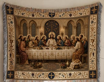 Geweven deken met het Laatste Avondmaal, wandtapijt met Jezus-motief, christelijke wanddecoratie, Bijbelse communiedecoratie, heilig religieus cadeau