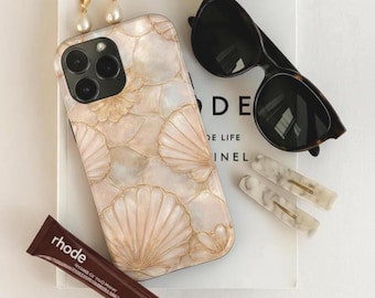 Telefoonhoesje met schelpmotief, parelmoer, kustthema, MagSafe, robuuste beschermhoes voor iPhone 17 16 15 14 Pro Max, strand- en oceaanlook, ideaal cadeau voor haar.