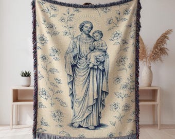 Saint Joseph Woven Blanket, Catholic Tapestry Throw, Christian Home Decor