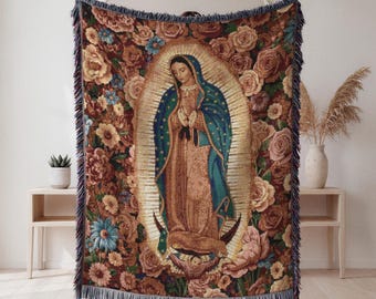 Our Lady Of Guadalupe Woven Blanket Catholic Tapestry Throw Decor