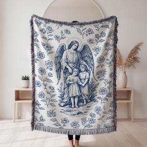 Vintage guardian angel illustration protecting two children surrounded by floral pattern designed for catholic woven blanket nursery decor baptism gift.