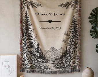 Personalized Mountain Woven Blanket Custom Couple Name Throw, Rustic Wedding Gift, Anniversary Blanket, Nature Landscape Keepsake