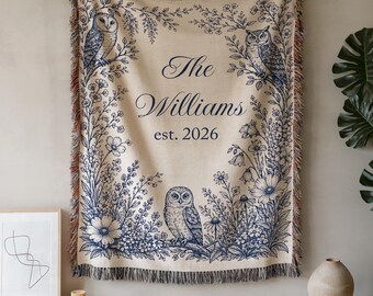 Personalized Toile Woven Blanket Custom Family Name Throw, Blue Chinoiserie Owl Blanket, Wedding Gift, Anniversary Keepsake Decor