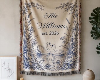 Personalized Toile Woven Blanket Custom Couple Name Throw, Blue Swan Toile Blanket, Wedding Gift, Anniversary Keepsake Home Decor