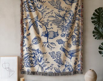 Toile-de-Jouy-Webdecke, Vintage-Wandteppich aus Baumwolle mit französischen Vogel- und Blumenmotiven
