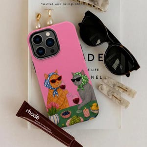 Funny Cat Phone Case, Cute Dinner Cats Design, Aesthetic Animal MagSafe Cover, Pink iPhone 17 16 15 Case Gift for Cat Lover