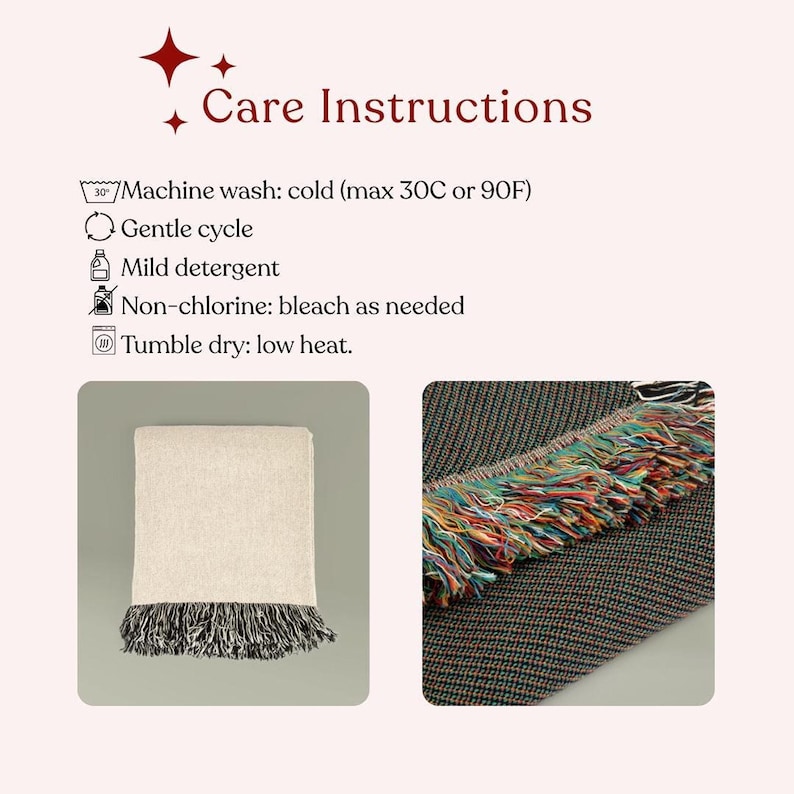 Instrucciones de lavado junto a dos imágenes de detalle de una manta doblada y sus flecos de colores.