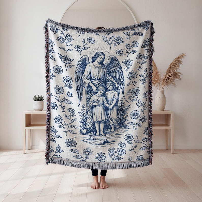 Vintage guardian angel illustration protecting two children surrounded by floral pattern designed for catholic woven blanket nursery decor baptism gift.