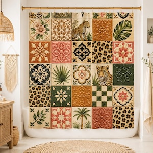 May include: A decorative shower curtain featuring a patchwork design of floral, leopard print, and botanical tile patterns. The curtain includes images of flowers, leaves, and a leopard. The color palette includes shades of beige, brown, green, and pink.
