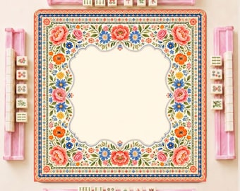 Floral Mahjong Mat, Colorful Vintage Flower American Mah Jongg Table Mat, Pink Blue Botanical Garden Design, Preppy Mahjong Gift for Her
