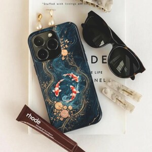 Koi Fish Phone Case Dark Blue Luxury MagSafe iPhone Case Japanese Koi Pond Gold Art Aesthetic Tough Protective Cover Gift For Her Him