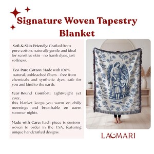 May include: Signature Woven Tapestry Blanket. The blanket features a blue and white floral pattern with a central image of an angel and two children. It has a fringed edge and is made of soft cotton. The text on the image says "LAOMARI".
