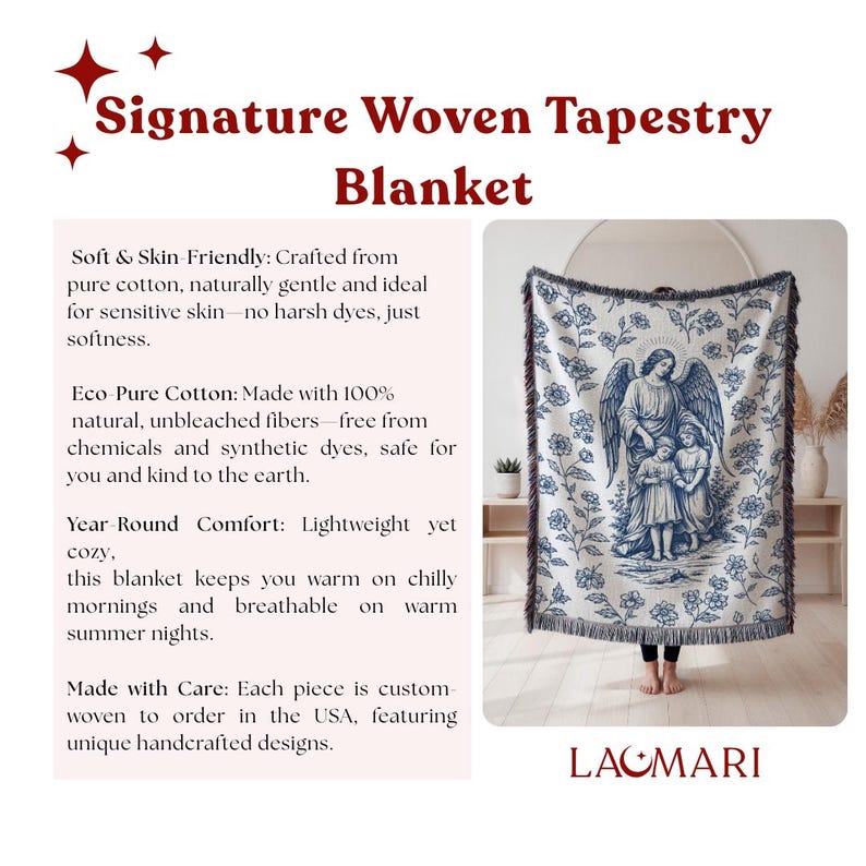 May include: Signature Woven Tapestry Blanket. The blanket features a blue and white floral pattern with a central image of an angel and two children. It has a fringed edge and is made of soft cotton. The text on the image says "LAOMARI".