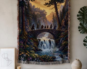 Fantasy Fellowship Journey Woven Blanket, Elven City Scenic Throw, Mythical Realm Tapestry, Bookish Gift For Fantasy Lover, Cozy Decor