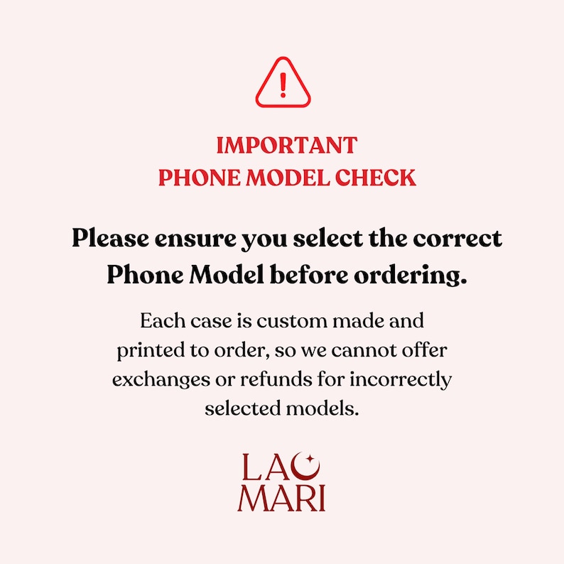 Aviso importante con un icono de advertencia sobre la selección correcta del modelo de teléfono antes de realizar el pedido.