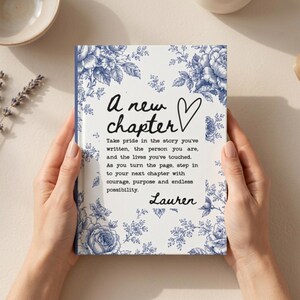 Personalized New Chapter Journal, Blue Floral Notebook Gift, Retirement Gift for Coworker, Boss Leaving, Farewell Keepsake