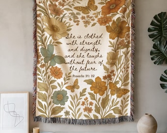 Proverbs 31 Woman Blanket, Christian Faith Woven Throw With Floral Butterflies, Religious Scripture Tapestry, Gift For Her, Mother's Day
