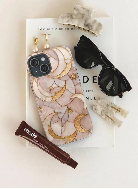 Moon Phase Phone Case Celestial Stained Glass MagSafe Tough Protective Cover For iPhone 17 16 15 14 13 Gold Mystic Aesthetic Gift