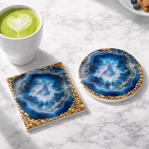 Teal Geode Drink Coaster – Minimalist Ceramic with Cork Back, Ocean Stone Pattern