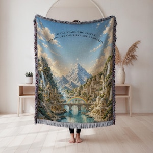 Fantasy City Woven Blanket, Celestial Reading Throw, Romantic Castle Tapestry, Book Lover Gift, Cozy Book Nook Decor, Starlight Blanket