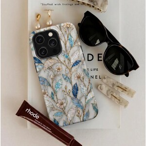 Stained Glass Floral Phone Case, Blue Botanical Marble Design, Elegant Gold Leaf Pattern, MagSafe Tough Case iPhone 17 16 15 14 Gift for Her