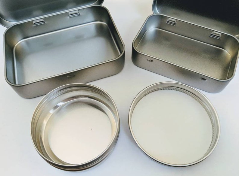 Set of 3 Tins, Metal Storage Tins, 2 Rectangular Tins, 1 Round Tin, Useful Tin, Cosmetics Tin, Storage & Organisation, Tobacco Tin image 4