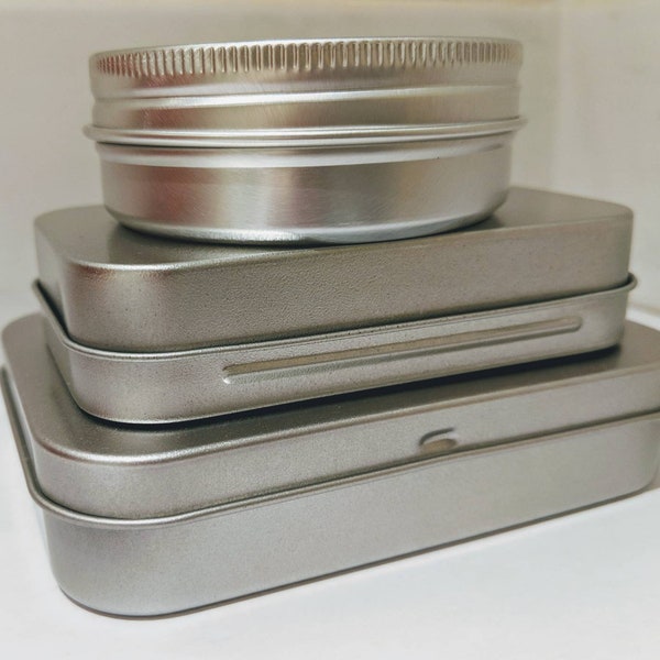 Set of 3 Tins, Metal Storage Tins, 2 Rectangular Tins, 1 Round Tin, Useful Tin, Cosmetics Tin, Storage & Organisation, Tobacco Tin