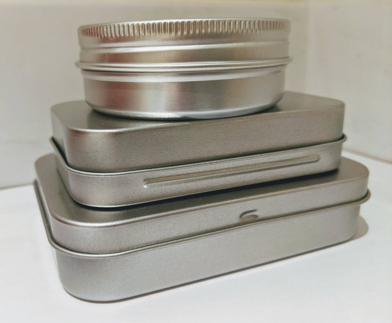 Set of 3 Tins, Metal Storage Tins, 2 Rectangular Tins, 1 Round Tin, Useful Tin, Cosmetics Tin, Storage & Organisation, Tobacco Tin image 1