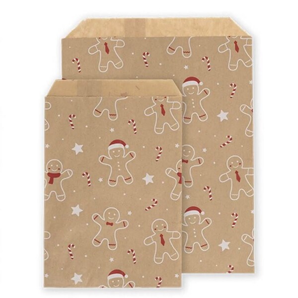 Gingerbread Men Gift Bags, Kraft Paper Bags, 2 Sizes, Various Quantities, Christmas Gifting, Kraft Paper Eco Bags, Party Bags