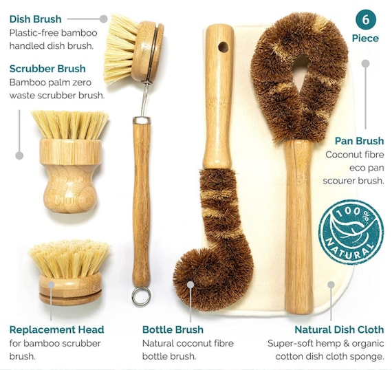 6 Piece Natural Kitchen Cleaning Set, Bamboo Dish Brushes, Cooton & Hemp  Dish Cloth, Plant Based Kitchen Scrubber Brushes 