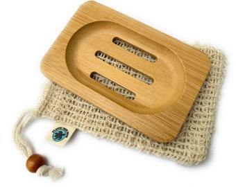 Soap Saver & Dish Duo, Bamboo Soap Tray, Sisal Soap Saver, Eco- Friendly, Soap Dish, Zero Waste, Bathroom Accessories, Exfoliating Pouch