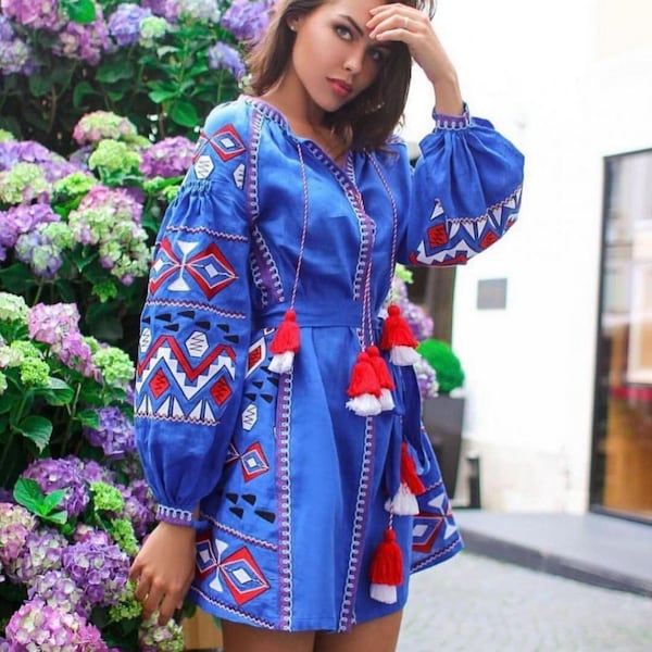 Embroidered short blue linen dress, tasseled ukrainian dress vyshyvanka, summer bohemian dress folk ethnic festival dress, ukraine clothing