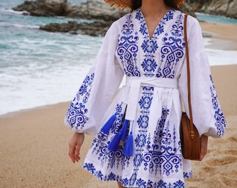 Embroidered short white linen bohemian dress, tasseled ukrainian vyshyvanka, custom slavic boho summer ethnic handmade dress