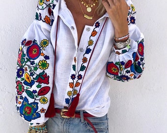 White Ukraine Linen Embroidered Blouse, Ukrainian Ethnic Folk Vyshyvanka, Boho Women Blouse, Handmade Vishivanka, Flower Ukraine Clothing